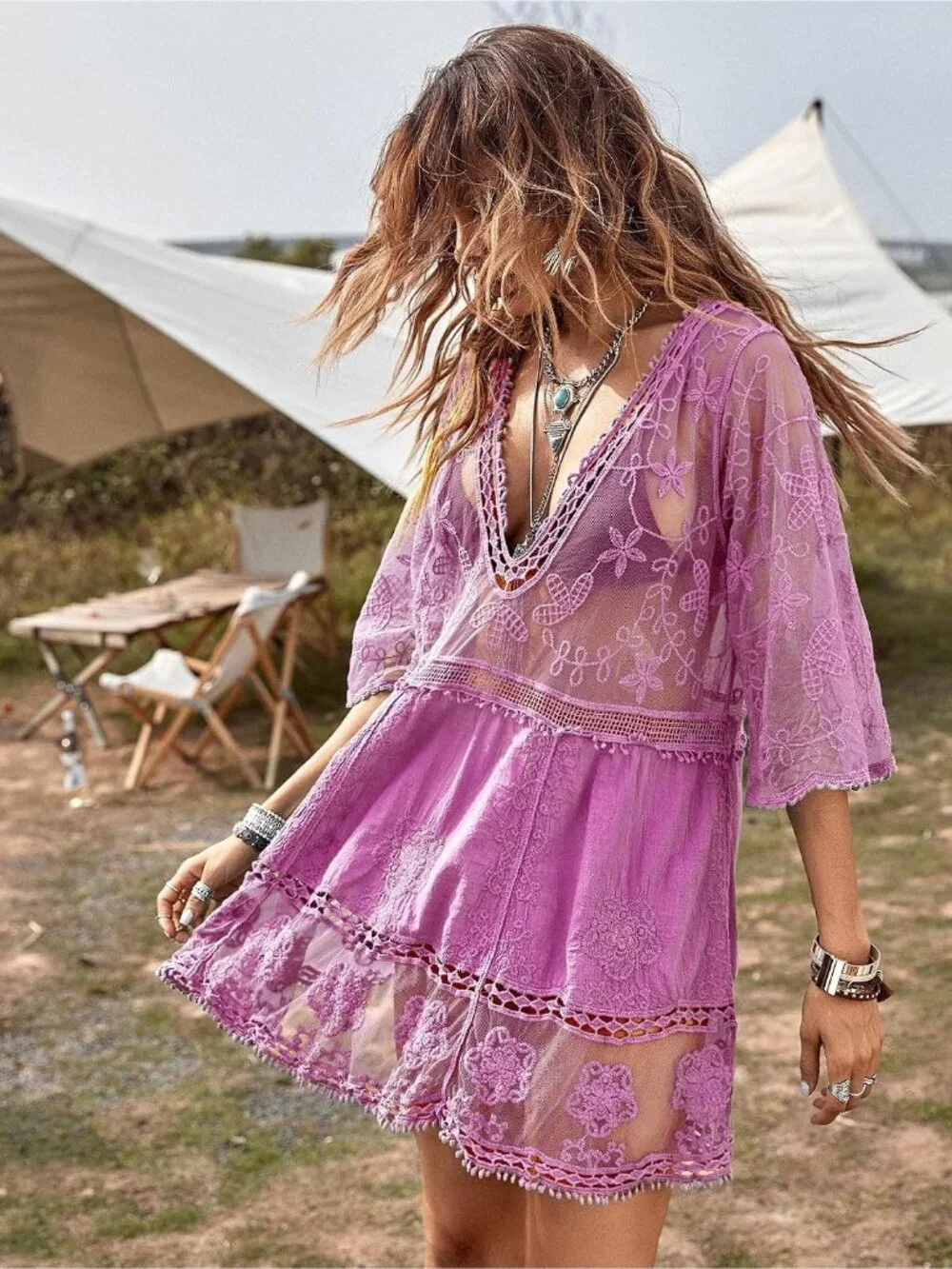 Womens Light Purple Rayon V-Neck Coverup Mesh Lace Bathing Suit Swimsuit Coverup
